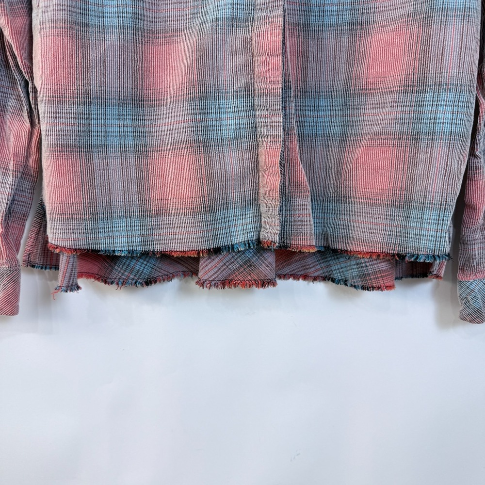 We the Free Plaid Ribbed Button Up Shirt Womens M Pink Blue Raw Hem Ruffle Back - Picture 2 of 10